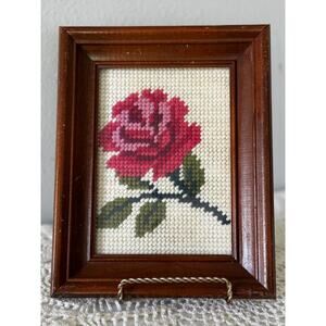 Vintage 1990 Rose Needlepoint Framed Floral Wall Art 7x9 Signed
